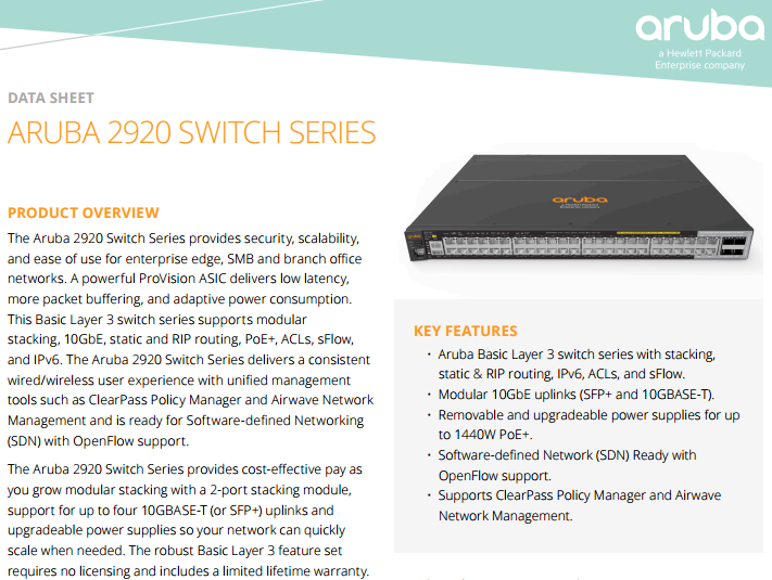 Aruba 2920 Switch Series Data Sheet Laketec